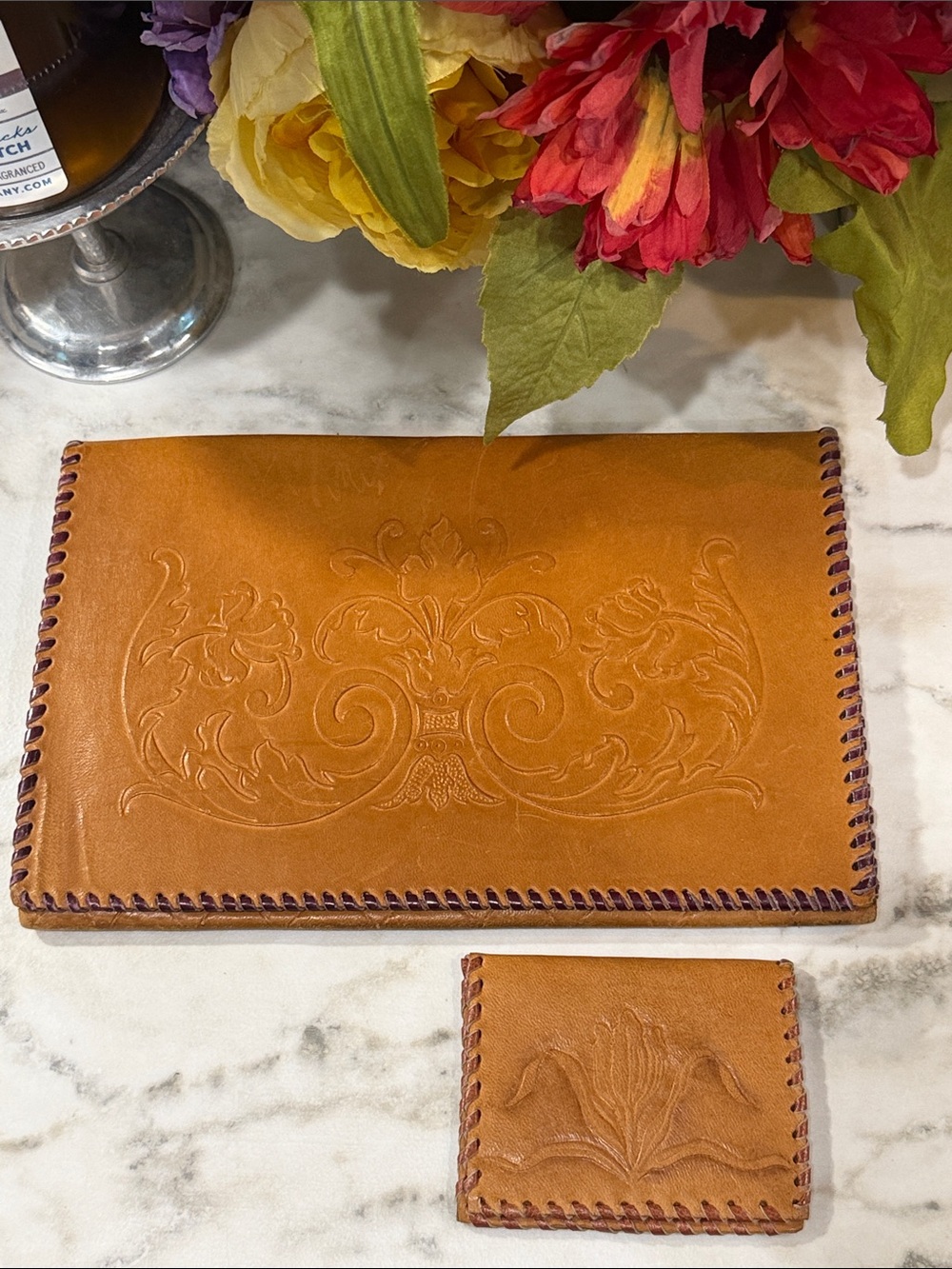 Hand-Tooled Brown Leather Clutch and Card Case Set from Tallin Estonia